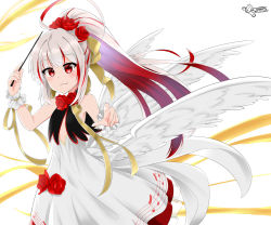 Rule 34 | 1girl, ahoge, alternate hairstyle, azur lane, commentary request, flat chest, flower, hair flower, hair ornament, highres, jack (hosuhosu), long hair, looking at viewer, multicolored hair, official alternate costume, ponytail, red eyes, simple background, sleeveless, solo, two-tone hair, vauquelin (azur lane), vauquelin (one-girl orchestra) (azur lane), white background, wings