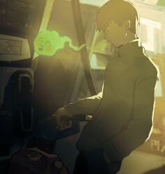 Rule 34 | 1boy, closed mouth, collared jacket, cowboy shot, ekubo (mob psycho 100), gas can, gas pump, gas station, ghost, hand in pocket, isasasa001, jacket, long sleeves, male focus, mob psycho 100, pants, profile, reigen arataka, short hair, sleeves past wrists, standing