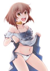 Rule 34 | 1girl, armband, bow, bow panties, brown eyes, brown hair, clothes lift, collarbone, dress, dress lift, kantai collection, lifting own clothes, looking at viewer, meihemu, navel, open mouth, panties, short hair, simple background, smile, solo, underwear, white background, white dress, white panties, yukikaze (kancolle)