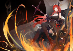 Rule 34 | 1girl, absurdres, arknights, black background, black dress, black jacket, black thighhighs, blurry, blurry foreground, breasts, chain, chinese commentary, cleavage, closed mouth, demon horns, detached collar, dress, embers, expressionless, fire, full body, hair intakes, highres, holding, holding sword, holding weapon, horns, infection monitor (arknights), jacket, long hair, looking at viewer, medium breasts, off shoulder, open clothes, open jacket, purple eyes, red hair, simple background, sitting, sleeveless, sleeveless dress, solo, sq, surtr (arknights), sword, thighhighs, weapon