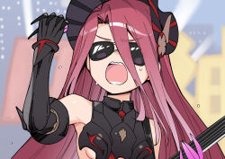 Rule 34 | 1girl, armor, armored dress, bare shoulders, black armor, black dress, black headwear, bonnet, breasts, dress, electric guitar, fate/grand order, fate (series), gauntlets, guitar, hair between eyes, instrument, long hair, ono misao, open mouth, red hair, small breasts, solo, sunglasses, textless version, typhon ephemeros (fate), very long hair
