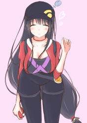 Rule 34 | 10s, 1girl, alternate costume, arm at side, baseball cap, black hair, breasts, cleavage, closed eyes, creatures (company), cropped jacket, female protagonist (pokemon go), fusou (kancolle), game freak, hair over shoulder, hat, hat ornament, heart, highres, holding, holding poke ball, kantai collection, kikuzunooka, large breasts, leaning forward, leggings, light smile, long hair, low-tied long hair, nintendo, pink background, poke ball, pokemon, pokemon go, shorts, very long hair