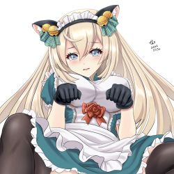 Rule 34 | 1girl, alternate costume, animal ears, apron, black gloves, blonde hair, blue dress, blue eyes, breasts, cat ears, commentary request, dated, dress, enmaided, flower, frilled apron, frills, gloves, kantai collection, large breasts, long hair, looking at viewer, maid, maid headdress, out-of-frame censoring, paw pose, red flower, red rose, rose, simple background, sitting, solo, tk8d32, victorious (kancolle), white apron, white background