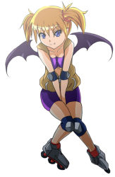 Rule 34 | 1girl, aq interactive, arcana heart, atlus, bat wings, between legs, blonde hair, blue eyes, breasts squeezed together, breasts, demon girl, elbow pads, examu, fang, hand between legs, inline skates, knee pads, lilica felchenerow, pointy ears, roller skates, ryu jin fifth, skates, small breasts, solo, spandex, twintails, wings