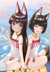 Rule 34 | 2girls, 2others, absurdres, animal ear fluff, animal ears, ass, azur lane, back-to-back, bare shoulders, black hair, black thighhighs, brown eyes, camisole, cherry blossoms, closed eyes, fox ears, fox girl, hagakure kirin (kiryu036), highres, holding hands, long hair, looking at viewer, manjuu (azur lane), multiple girls, multiple others, mutsu (azur lane), nagato (azur lane), nagato (great fox&#039;s respite) (azur lane), open mouth, outdoors, panties, petals, red camisole, red panties, see-through, short hair, side-tie panties, sitting, smile, strap slip, thighhighs, thighs, underwear, very long hair, water, white thighhighs