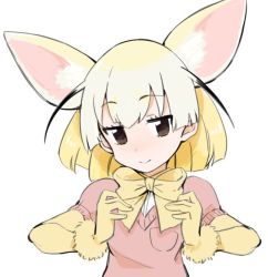 Rule 34 | 10s, 1girl, ahoge, animal ears, bad id, bad twitter id, blonde hair, brown eyes, eyebrows, eyelashes, fennec (kemono friends), fox ears, gloves, gradient hair, jitome, kanimura ebio, kanimuraebio, kemono friends, looking at viewer, multicolored hair, neck ribbon, pocket, puffy short sleeves, puffy sleeves, ribbon, shirt, short hair, short sleeves, simple background, smile, solo, upper body, white background, white shirt, wristband, yellow ribbon