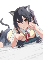 Rule 34 | 1girl, absurdres, animal ears, black hair, black socks, blue skirt, blush, brown eyes, cat ears, cat tail, commentary request, hair between eyes, highres, k-on!, long hair, looking at viewer, lying, nakano azusa, neck ribbon, necosuna7l, on stomach, open mouth, paw pose, red ribbon, revision, ribbon, sakuragaoka high school uniform, school uniform, shirt, short sleeves, simple background, skirt, socks, solo, summer uniform, sweater vest, tail, twintails, vest, white background, white shirt, yellow vest