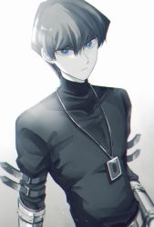 Rule 34 | 1boy, black shirt, blue eyes, card, closed mouth, jewelry, kaiba seto, limited palette, long sleeves, looking at viewer, male focus, nanase (nns 6077), necklace, shirt, simple background, solo, upper body, white background, yu-gi-oh!