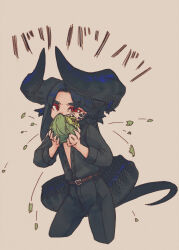 Rule 34 | 1girl, animal ears, belt, biting, black hair, black horns, black pants, black shirt, black tail, blue horns, blue tail, cabbage, curled horns, debris, dragon girl, dragon horns, dragon tail, eating, fangs, food, furrowed brow, hands up, holding, holding food, holding vegetable, horns, kmbk, long sleeves, looking at viewer, multicolored horns, multicolored tail, open clothes, open shirt, original, pants, parted bangs, red eyes, scales, shirt, simple background, solo, tail, uneven eyes, vegetable