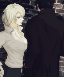 Rule 34 | 1boy, 1girl, akai tsutomu, black coat, black hair, black headwear, black skirt, blonde hair, breasts, brick wall, closed mouth, coat, collarbone, collared shirt, commentary request, facing away, from behind, from side, green eyes, hair between eyes, hand in pocket, hand on own hip, hat, hidden face, husband and wife, long hair, long sleeves, looking to the side, mary sera, meitantei conan, pencil skirt, popped collar, ryo kamai, shirt, short hair, skirt, standing, white shirt