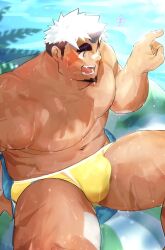 Rule 34 | + +, 1boy, akiha gongen (housamo), bandaid, bandaid on face, bandaid on nose, bara, black hair, bulge, buoy, burn scar, dyzd1, facial hair, feet out of frame, goatee, highres, horns, huge eyebrows, large bulge, large pectorals, looking to the side, male focus, male swimwear, muscular, muscular male, musical note, navel, open mouth, pectorals, pointing, pointing to the side, scar, scar on leg, scar on shoulder, short hair, sideburns stubble, single horn, sitting, solo, spoken musical note, stubble, thick thighs, thighs, tokyo houkago summoners, wet, white hair, yellow male swimwear