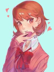 Rule 34 | 1girl, absurdres, bow, bowtie, brown hair, cardigan, cellphone, choker, collared shirt, commentary, english commentary, flip phone, hand up, heart, heart choker, highres, holding, holding phone, light blush, long sleeves, looking at viewer, loose bowtie, nail polish, parted lips, persona, persona 3, phone, pink cardigan, pink nails, red bow, red bowtie, red eyes, ribbed cardigan, shirt, shizuhanaart, short hair, simple background, solo, swept bangs, takeba yukari, upper body, white choker, white shirt