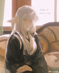 Rule 34 | 1girl, absurdres, au ra, warrior of light (ff14), commentary, couch, curtains, dated, day, dragon horns, final fantasy, final fantasy xiv, grey eyes, hand on own arm, haori, happy birthday, highres, horns, indoors, japanese clothes, jiuming mao, kimono, long hair, looking at viewer, obi, on couch, realistic, sash, scales, smile, solo, straight hair, symbol-only commentary, upper body, weibo logo, weibo watermark, white hair, white kimono, wide sleeves, window