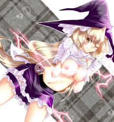 Rule 34 | 1girl, blonde hair, blush, bra, bra lift, breasts squeezed together, breasts, clothes lift, female focus, gloves, hat, kirisame marisa, large breasts, bridal garter, lingerie, long hair, mini-hakkero, nipples, one eye closed, sesield, shirt lift, skirt, solo, touhou, underwear, wink, witch hat, yellow eyes
