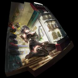 1girl animal belt black_hair breasts day eyepatch fisheye girls&#039;_frontline girls&#039;_frontline_neural_cloud indoors kneeling large_breasts mole monocle mouse nora_(neural_cloud) perspective red_eyes