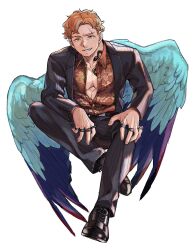 Rule 34 | 1boy, bird boy, bird wings, black footwear, black jacket, black pants, black suit, blue hair, blue wings, brown eyes, chest tattoo, collared jacket, collared shirt, commentary request, fangs, feathered wings, formal, freckles, full body, grin, hand on own knee, highres, invisible chair, jacket, jewelry, long sleeves, looking at viewer, male focus, multicolored hair, multiple rings, open clothes, open jacket, orange hair, original, pants, red shirt, ring, rramarukun, scar, scar across eye, shirt, short hair, simple background, sitting, smile, snake tattoo, solo, streaked hair, striped suit, suit, tattoo, toned, toned male, unbuttoned, very short hair, white background, wings