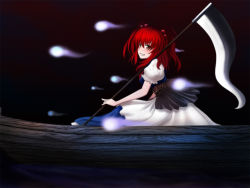 Rule 34 | 1girl, bad id, bad pixiv id, boat, brown eyes, delant, female focus, ghost, grin, hachifuku, hair bobbles, hair ornament, onozuka komachi, red hair, scythe, smile, solo, touhou, twintails, two side up, water, watercraft