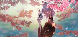 Rule 34 | 1girl, alternate hair length, alternate hairstyle, bare shoulders, cherry blossoms, closed mouth, commentary request, floral background, flower, fox mask, hair flower, hair ornament, highres, holding, hololive, hololive english, japanese clothes, kimono, long sleeves, mask, unworn mask, mori calliope, mori calliope (new year), nail polish, oekakikei, outdoors, petals, pink hair, red nails, shaded face, shadow, short hair, solo, virtual youtuber, wide sleeves