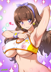 Rule 34 | 1girl, adjusting clothes, alternate breast size, amanogawa kirara, arm up, armpits, blush, breasts, brown hair, covered erect nipples, earrings, female focus, go! princess precure, hairband, jewelry, joy ride, large breasts, long hair, midriff, navel, nipples, parted lips, precure, presenting armpit, purple eyes, see-through, see-through silhouette, smile, smirk, solo, sparkle, star (symbol), star earrings, sweat, underboob, wristband