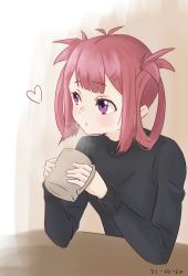 Rule 34 | 1girl, absurdres, atelier live, black sweater, casual, commentary, cup, dated, english commentary, heart, highres, holding, holding cup, kani kanizawa, looking to the side, mug, purple eyes, red hair, solo, sweater, virtual youtuber, w4rd0