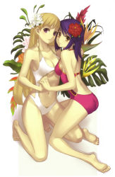 Rule 34 | 2girls, absurdres, ar tonelico, ar tonelico ii, ass, asymmetrical docking, barefoot, bird of paradise flower, blonde hair, blue hair, breast press, breasts, casual one-piece swimsuit, chroche latel pastalie, cleavage, feet, flower, full body, gust, hair flower, hair ornament, halterneck, hibiscus, highres, holding hands, hug, interlocked fingers, kneeling, large breasts, leg between thighs, legs, long hair, looking back, luca truelywaath, moire, multiple girls, nagi ryou, navel, official art, one-piece swimsuit, pink one-piece swimsuit, purple eyes, smile, swimsuit, white one-piece swimsuit, yellow eyes, yuri