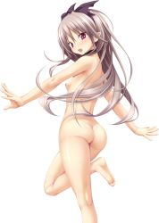 Rule 34 | 1girl, aoi tori (purple software), ass, barefoot, blush, breasts, choker, fang, feet, from behind, hairband, highres, kneepits, koku, leg up, long hair, looking at viewer, looking back, mary harker, nipples, non-web source, official art, open mouth, pink hair, pointy ears, red eyes, simple background, slit pupils, small breasts, soles, standing, standing on one leg, toes, white background
