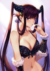 Rule 34 | 1girl, absurdres, black hair, bow, bow bra, bra, breasts, cleavage, fate/grand order, fate (series), fur trim, gradient background, highres, long hair, looking at viewer, mashuu (neko no oyashiro), medium breasts, purple eyes, simple background, solo, twintails, underwear, underwear only, yang guifei (fate), yang guifei (second ascension) (fate)