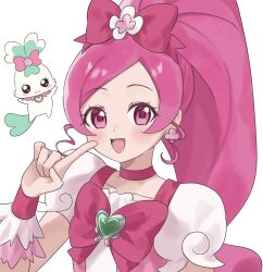 Rule 34 | 1girl, :d, blush, bow, brooch, chypre (heartcatch precure!), collar, commentary request, cure blossom, earrings, eyelashes, flower earrings, frills, hair bow, hair ornament, hanasaki tsubomi, heart, heart brooch, heartcatch precure!, highres, index finger raised, jewelry, looking at viewer, nemuiyoo00, open mouth, pink collar, pink eyes, pink hair, pointing, pointing at self, ponytail, precure, puffy short sleeves, puffy sleeves, short sleeves, simple background, smile, white background, wrist cuffs