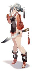 Rule 34 | 1girl, bare legs, china dress, chinese clothes, closed mouth, covered navel, dao (weapon), double bun, dress, eyes visible through hair, green eyes, grey hair, hair between eyes, hair bun, hakasesuitchi, highres, holding, holding sword, holding weapon, looking at viewer, multicolored hair, original, red hair, simple background, smile, solo, standing, sword, toeless footwear, twintails, weapon, white background, white hair