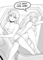 Rule 34 | 2girls, absurdres, arm up, bare shoulders, between legs, biku, blush, breasts, car, cleavage, clenched teeth, collarbone, constricted pupils, crossed legs, dress, earrings, embarrassed, english text, female focus, flying sweatdrops, from side, greyscale, hand between legs, have to pee, high heels, highres, hoop earrings, jewelry, knees together feet apart, leaning forward, legs, long hair, medium breasts, monochrome, motor vehicle, multiple girls, nervous, open mouth, original, outstretched arm, panties, pantyshot, profile, shoes, short dress, sidelocks, sitting, sleeveless, sleeveless dress, speech bubble, sweat, talking, teeth, underwear, upskirt, wide-eyed