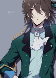 Rule 34 | 1boy, ascot, black gloves, blue shirt, brooch, bungou to alchemist, double-parted bangs, dress shirt, gloves, green jacket, grey background, hair between eyes, hand on own hip, hand up, highres, holding, holding whip, jacket, jewelry, kikuchi kan (bungou to alchemist), lapel pin, lapels, looking at viewer, male focus, medium hair, nekoma hikaru, notched lapels, open clothes, open jacket, red eyes, shirt, simple background, sleeve cuffs, solo, upper body, white ascot