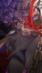 Rule 34 | 1boy, abs, arm tattoo, bara, beard stubble, briefs, bulge, cape, chain, chest tattoo, colored skin, come hither, crave saga, demon boy, demon horns, facial hair, from below, fur-trimmed cape, fur trim, gold necklace, gradient sky, grey skin, highres, holding, holding chain, horns, jewelry, large pectorals, male focus, male underwear, multiple rings, muscular, muscular male, mustache stubble, navel hair, necklace, nipples, pectorals, ring, selbert (crave saga), short hair, sky, stubble, tarutoru, tattoo, thick thighs, thighs, underwear, undressing