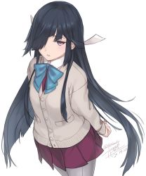 Rule 34 | 1girl, aqua bow, aqua bowtie, black hair, bow, bowtie, cardigan, dated, dress, grey pantyhose, hair over one eye, hair ribbon, hayashimo (kancolle), highres, kantai collection, long hair, long sleeves, pantyhose, parted lips, purple dress, purple eyes, ribbon, rokuwata tomoe, sidelocks, signature, simple background, solo, twitter username, white background