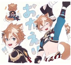 Rule 34 | !, !!, 1boy, animal, animal ears, aqua eyes, arm up, bandages, black gloves, blush, brown hair, closed eyes, dog, dog boy, dog ears, dog tail, fingerless gloves, genshin impact, gloves, gorou (genshin impact), hair between eyes, hair ornament, japanese clothes, male focus, multicolored hair, multiple views, musical note, open mouth, peeking out, simple background, sitting, solo, streaked hair, tail, tassel, toeless footwear, tyo197snh, vision (genshin impact), waving, white hair