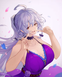 Rule 34 | 1girl, ahoge, bare shoulders, blush, braid, breasts, cleavage, collarbone, dress, granblue fantasy, highres, large breasts, long hair, looking at viewer, nos, open mouth, petals, ponytail, purple dress, silva (granblue fantasy), silver hair, simple background, smile, twin braids, very long hair, wavy hair, yellow eyes