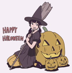 Rule 34 | 1girl, black dress, black footwear, black hair, broom, dress, flat color, happy halloween, hat, highres, holding, holding broom, hosoo, jack-o&#039;-lantern, kneeling, looking to the side, mary janes, monochrome, muted color, open mouth, original, pantyhose, puffy short sleeves, puffy sleeves, pumpkin, shoes, short sleeves, simple background, solo, teeth, text focus, witch, witch hat, yellow pantyhose