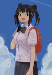 Rule 34 | 1girl, arm at side, backpack, bag, black bow, black bowtie, black eyes, black hair, black skirt, blue sky, blush, bow, bowtie, cloud, collared shirt, commentary request, contrail, cowboy shot, double bun, fang, hair bun, hand up, highres, holding strap, iemi, looking at viewer, medium hair, open mouth, raised eyebrows, red bag, school uniform, shio ga mai ko ga mai, shirt, short sleeves, skirt, sky, smile, solo, standing, sweat, thick eyebrows, twintails, white shirt, yunoshita (shiomai)