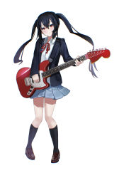 Rule 34 | 1girl, absurdres, andoplus, bad id, bad pixiv id, black hair, black jacket, black socks, blue skirt, blush, brown footwear, closed mouth, collared shirt, dress shirt, electric guitar, full body, guitar, hair between eyes, highres, instrument, jacket, k-on!, kneehighs, loafers, long hair, long sleeves, looking at viewer, miniskirt, music, nakano azusa, neck ribbon, open clothes, open jacket, playing instrument, pleated skirt, red eyes, red ribbon, ribbon, shirt, shoes, sidelocks, simple background, skirt, smile, socks, solo, standing, twintails, white background, white shirt