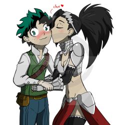 1boy 1girl 2nd_popularity_poll_(boku_no_hero_academia) armor artist_request bikini_armor black_hair blush boku_no_hero_academia breasts cleavage green_hair kiss kissing_cheek long_hair masked-phantom-47 medieval_clothing midoriya_izuku navel pelvic_curtain ponytail thighhighs vest yaoyorozu_momo zettai_ryouiki