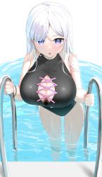 Rule 34 | 1girl, bad id, bad pixiv id, black one-piece swimsuit, breasts, cleavage, cleavage cutout, climbing ladder, clothing cutout, commentary, earrings, highres, hoop earrings, jewelry, large breasts, leaning forward, long hair, looking at viewer, one-piece swimsuit, original, pool, pool ladder, purple eyes, solo, straight hair, suzuharu toufu, swimsuit, symbol-only commentary, water, wet, wet clothes, wet swimsuit, white hair
