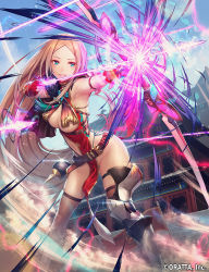 Rule 34 | 1girl, aiming, argyle, argyle clothes, argyle cutout, armored boots, armpits, arrow (projectile), blue eyes, blue panties, blue sky, boots, bow (weapon), breasts, brown thighhighs, chain, chloris garden, clothing cutout, day, dust, energy weapon, glint, gloves, holding, holding bow (weapon), holding weapon, leaning forward, legs apart, lens flare, long hair, mana (remana), medium breasts, no bra, official art, outdoors, panties, parted bangs, partially fingerless gloves, pelvic curtain, red gloves, revealing clothes, side-tie panties, sky, smile, solo, standing, tassel, thighhighs, thong, underwear, very long hair, watermark, weapon