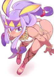 Rule 34 | 1girl, animal ears, ass, back, bare shoulders, bent over, bracelet, breasts, dark-skinned female, dark skin, egyptian clothes, fate/grand order, fate (series), hairband, highres, jackal ears, jewelry, kosame daizu, long hair, looking at viewer, nitocris (fate), parted lips, purple eyes, purple hair, sandals, solo, staff