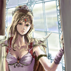 Rule 34 | 1990s (style), 1girl, armor, blonde hair, breasts, bridal gauntlets, circlet, cleavage, crown, expressionless, final fantasy, final fantasy iv, green eyes, long hair, lowres, oekaki, pauldrons, rosa farrell, shoulder armor, solo, window