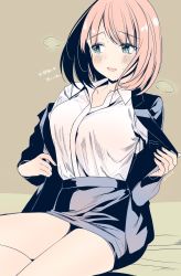Rule 34 | 1girl, black jacket, black skirt, blush, bob cut, breasts, breath, brown background, collared shirt, commentary request, dress shirt, eyelashes, fingernails, formal, green eyes, highres, jacket, long sleeves, looking to the side, medium breasts, miniskirt, nail polish, office lady, open clothes, open collar, open jacket, open mouth, original, pencil skirt, pink hair, pink nails, raised eyebrows, removing jacket, shirt, shirt tucked in, short hair, simple background, sitting, skirt, skirt suit, solo, straight hair, suit, sweat, sweatdrop, swept bangs, tented shirt, translation request, twitter username, undressing, white shirt, wing collar, yu yu