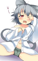 Rule 34 | 1girl, animal ears, bad id, bad pixiv id, blush, grey hair, highres, konata gazel, mouse ears, mouse tail, nazrin, one eye closed, open mouth, panties, red eyes, short hair, sleepy, solo, tail, touhou, underwear, waking up