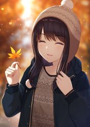 Rule 34 | 1girl, :o, absurdres, autumn, autumn leaves, beanie, beige headwear, black hair, black jacket, blurry, blurry background, brown hat, closed eyes, hat, highres, idolmaster, idolmaster shiny colors, jacket, kazano hiori, leaf, light blush, light particles, long hair, miyar2d2, mole, mole under mouth, open mouth, outdoors, smile, solo, sweater, tree, upper body