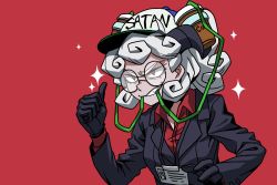 Rule 34 | 1girl, beer hat, black giraffe, black gloves, black horns, black suit, business suit, clothes writing, curly hair, demon girl, english text, formal, glasses, gloves, headwear request, helltaker, highres, horns, pandemonica (helltaker), print headwear, red background, red eyes, red shirt, shirt, simple background, solo, sparkle, suit, thumbs up, upper body, white hair