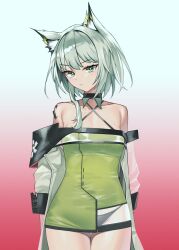 Rule 34 | 1girl, animal ear fluff, animal ears, arknights, bare shoulders, black panties, blue background, breasts, closed mouth, collarbone, commentary, dress, gradient background, green dress, green eyes, grey hair, highres, jacket, kal&#039;tsit (arknights), long sleeves, looking at viewer, medium breasts, off-shoulder jacket, off shoulder, panties, puffy long sleeves, puffy sleeves, red background, see-through, siguya, solo, underwear, v-shaped eyebrows, white jacket