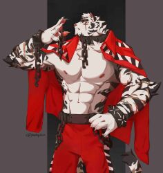 Rule 34 | 1boy, abs, absurdres, arknights, bara, broken, broken chain, chain, claws, dodongchives, furry, furry male, highres, looking at viewer, mountain (arknights), multiple scars, pectorals, prison clothes, profile, restraints, scar, scar across eye, scar on arm, scar on face, shirt, striped, tiger boy, topless male, white shirt