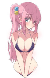 Rule 34 | 1girl, alternate hairstyle, aqua eyes, bikini, blue bikini, bocchi the rock!, breasts, cleavage, commentary request, cube hair ornament, gotoh hitori, hair between eyes, hair ornament, highres, large breasts, long hair, looking at viewer, mel (melty pot), navel, official alternate costume, pink hair, ponytail, simple background, solo, swimsuit, white background